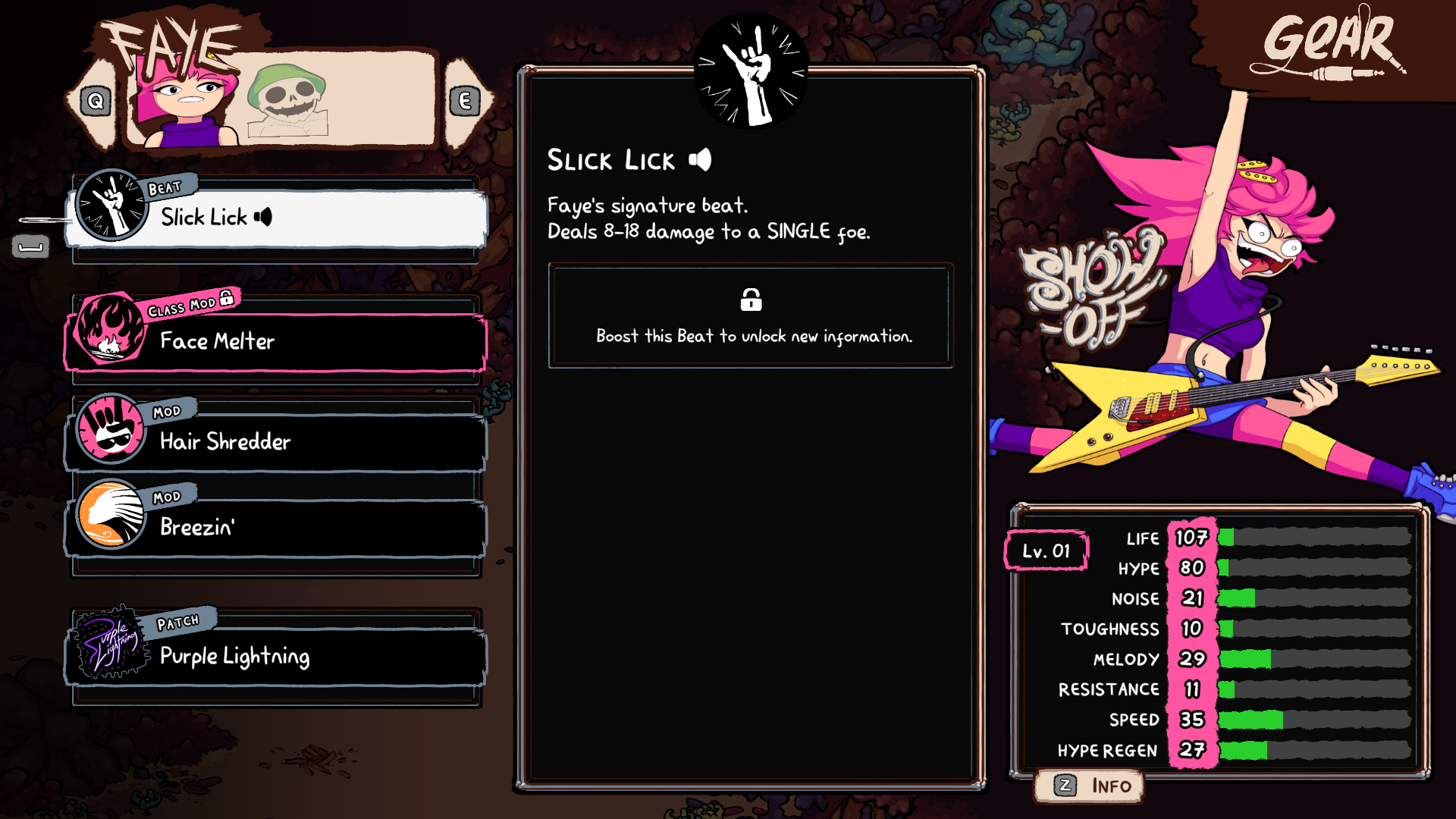 An early-game view of the gear menu in Deathbulge: Battle of the Bands